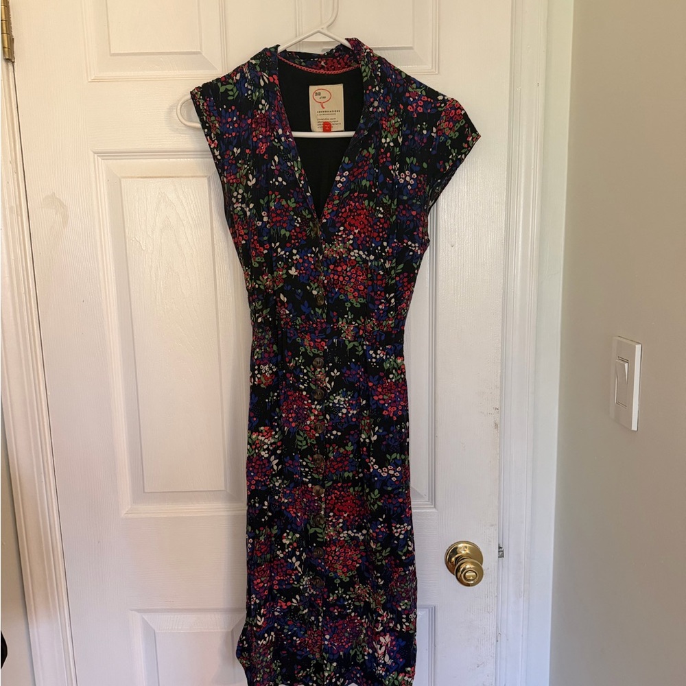 Anthropologie Black Floral V-Neck Midi Dress with Multicolor Blooms